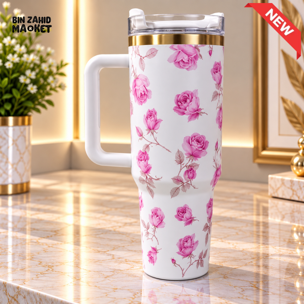 WHITE & PINK ROSE FLORAL STAINLESS STEEL INSULATED TRAVEL TUMBLER WITH HANDLE 40OZ