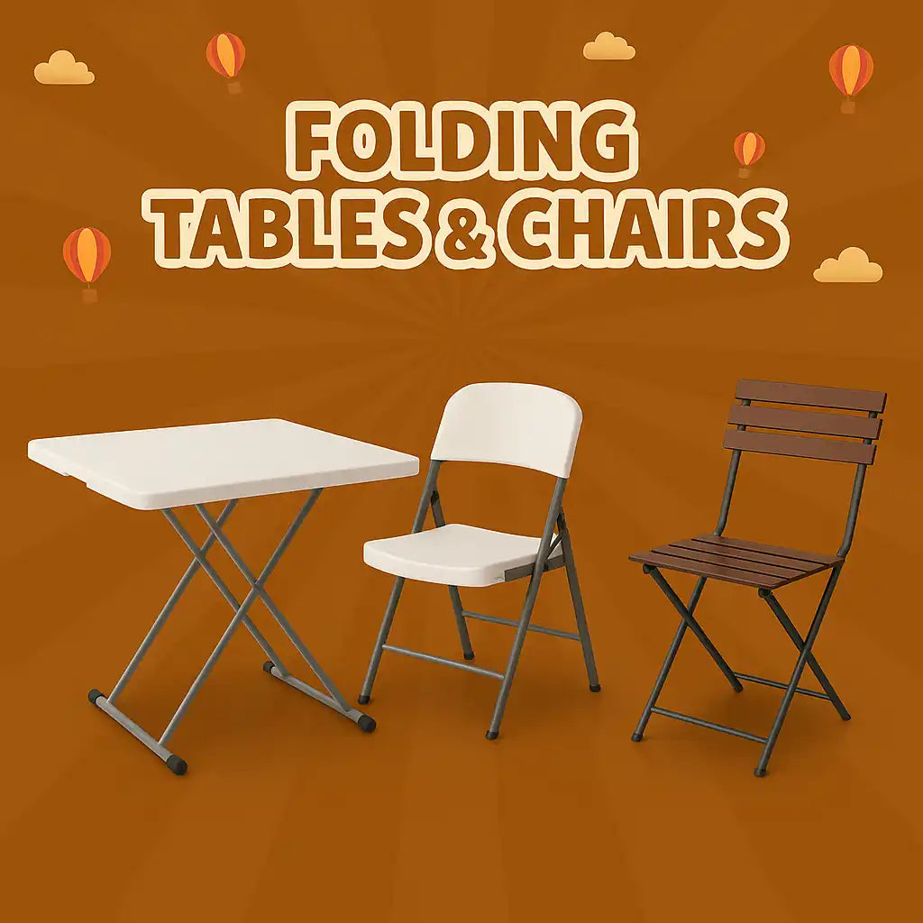 A white plastic folding table and two folding chairs (one white plastic, one dark wood).