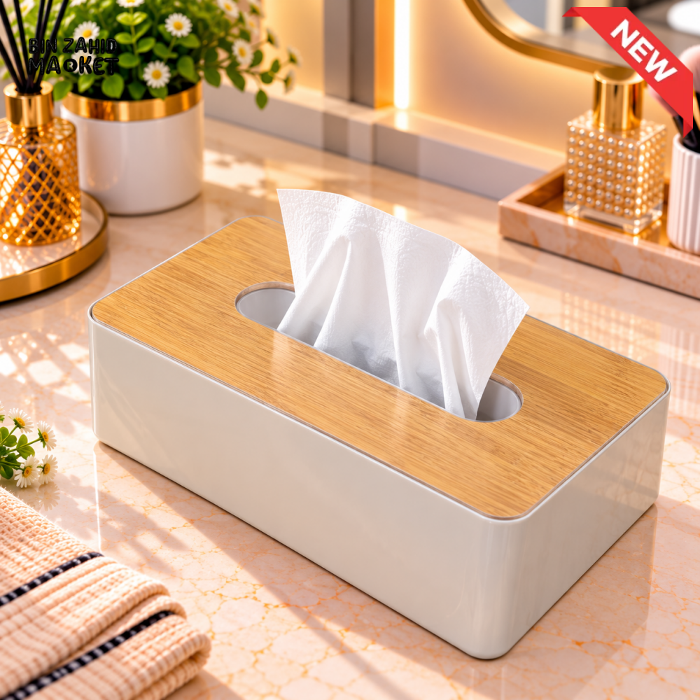 WHITE RECTANGULAR TISSUE BOX WITH WOOD LOOK TOP - Tissue Boxes