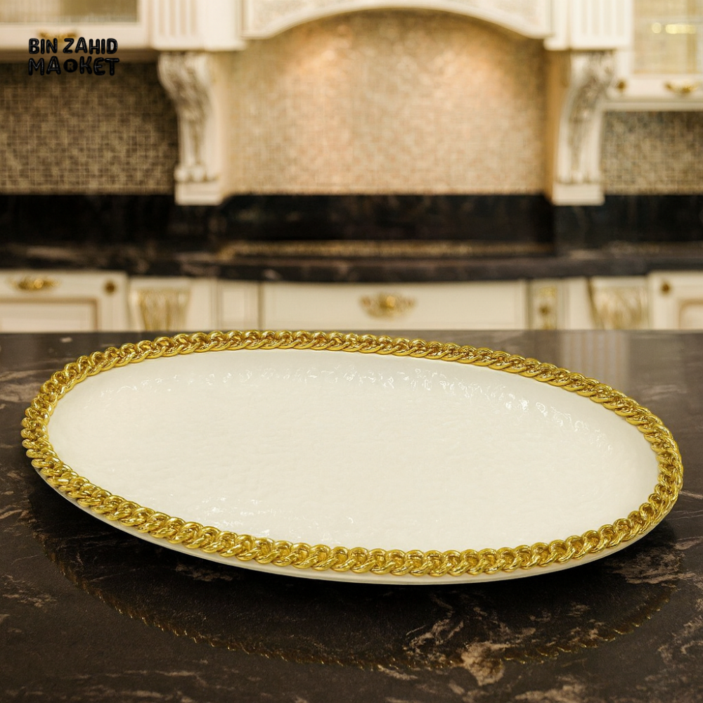WHITE SERVING PLATTER WITH GOLD CHAIN BORDER – LUXURY KITCHEN TRAY DECOR - 16 M01-W