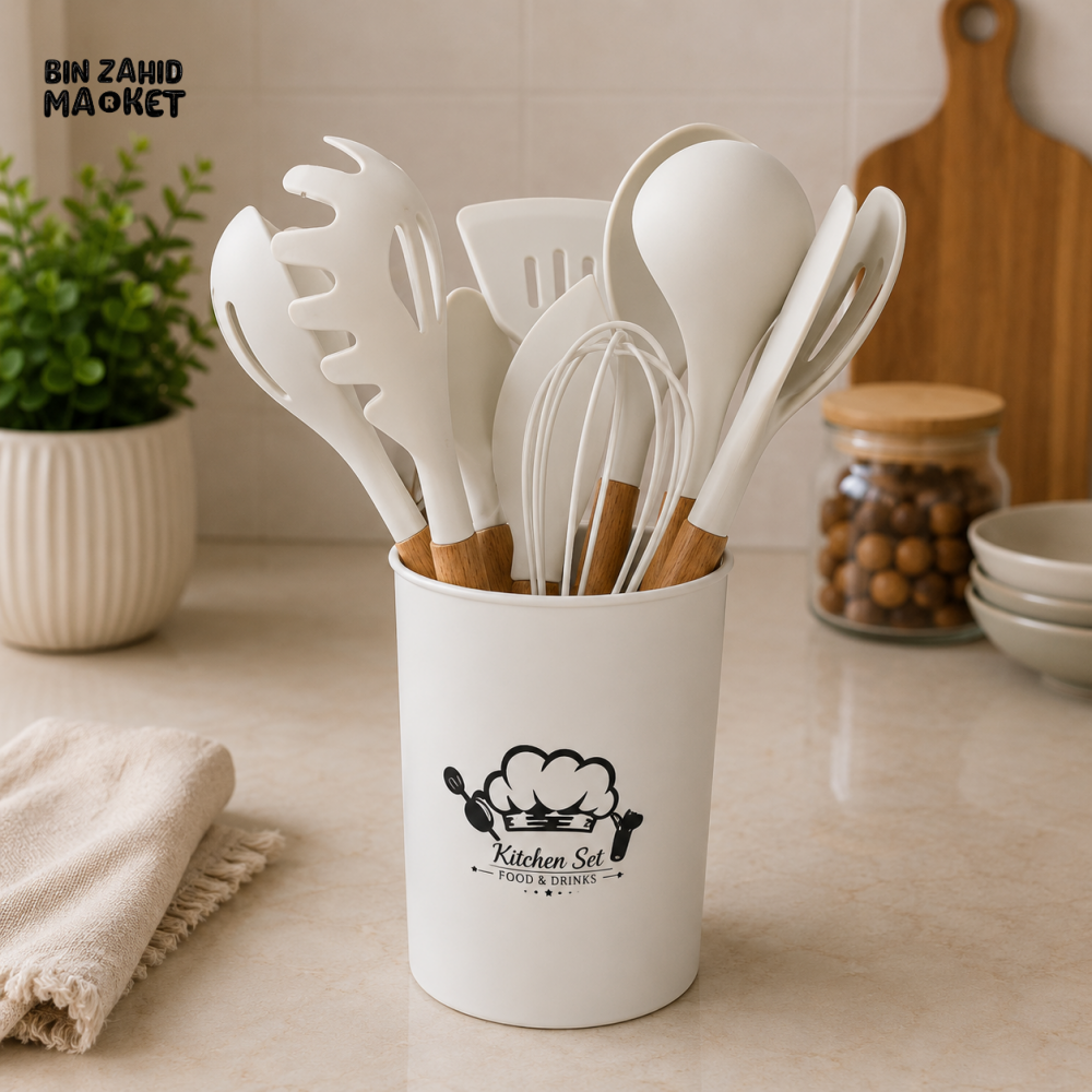 WHITE SILICONE KITCHEN UTENSIL SET WITH HOLDER AND WOODEN HANDLES