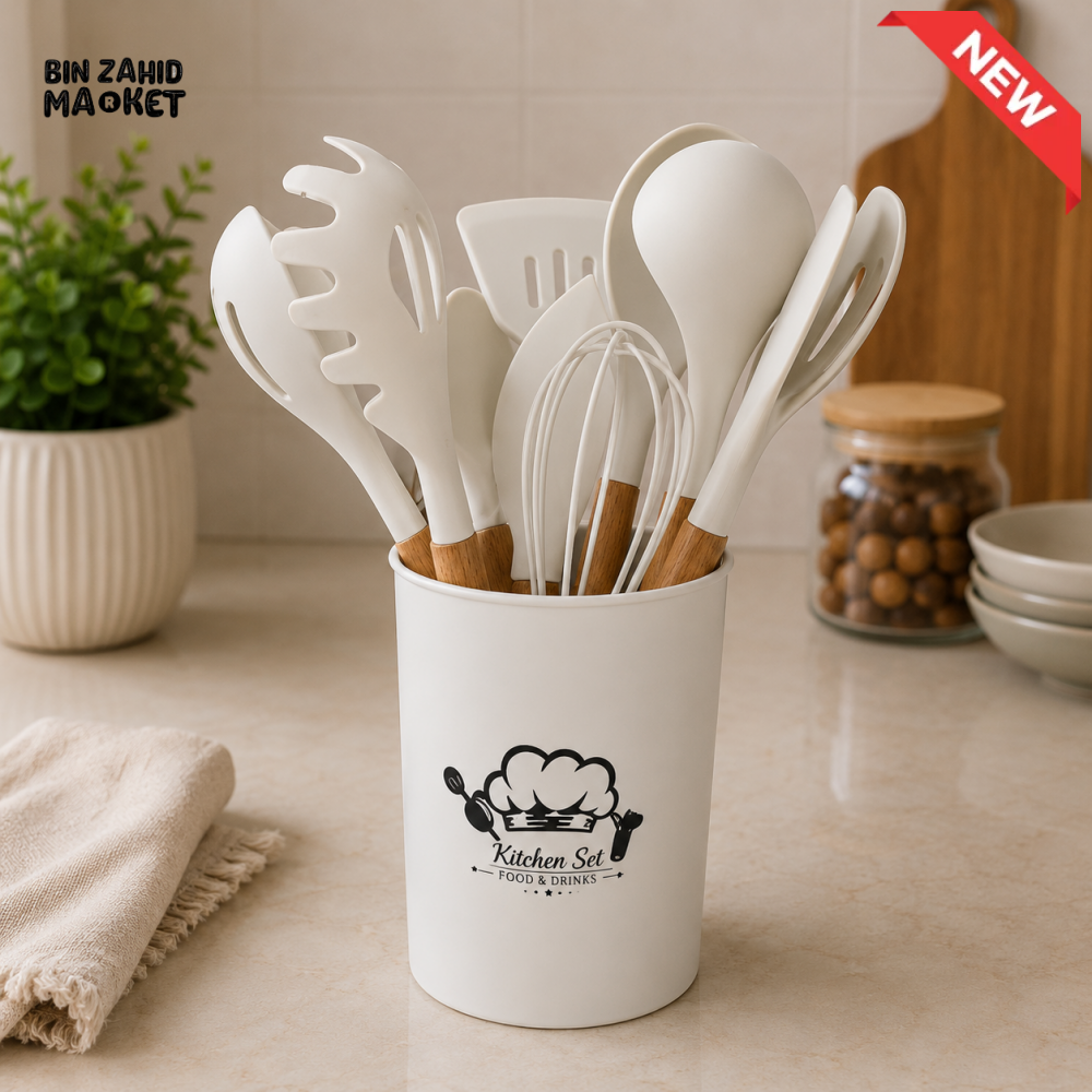 WHITE SILICONE KITCHEN UTENSIL SET WITH HOLDER AND WOODEN HANDLES