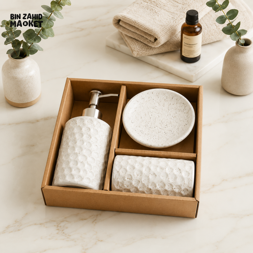 WHITE TEXTURED CERAMIC BATHROOM ACCESSORY SET