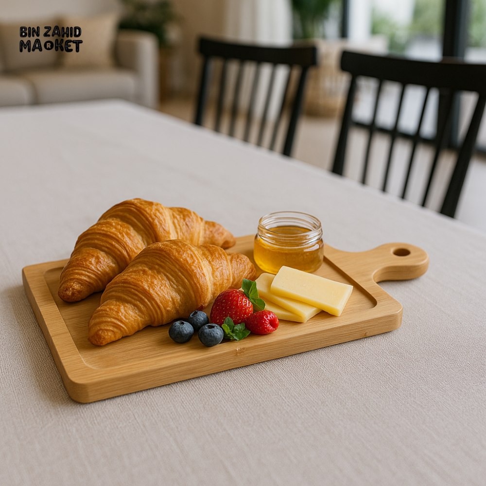 WILMAX ENGLAND WOODEN BREAKFAST BOARD WITH CROISSANTS CHEESE SLICES BERRIES & HONEY JAR – SERVING PLATTER - 30 x 11 CM