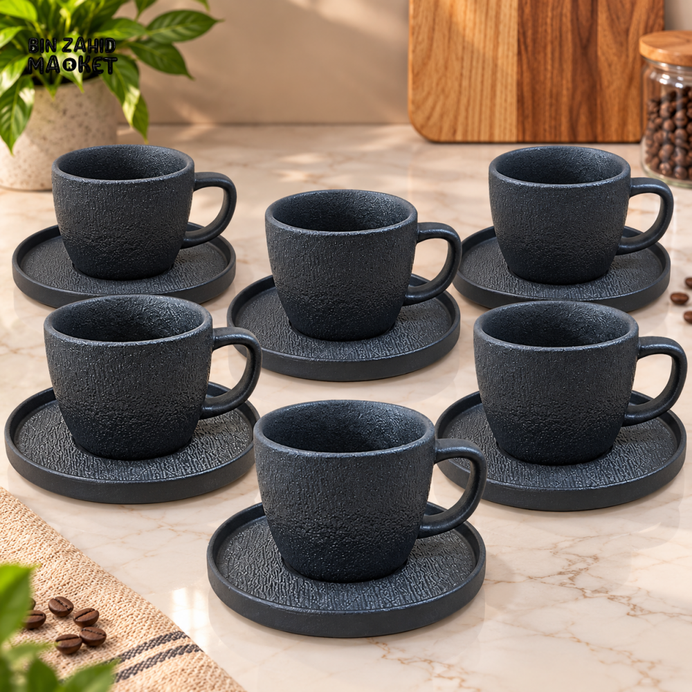 WINSOR ENGLAND 12 PIECE 6 BLACK CERAMIC CUP & SAUCER SET