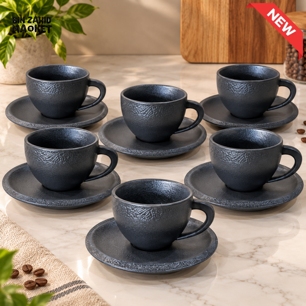 WINSOR ENGLAND 12 PIECE TEXTURED CERAMIC CUP & SAUCER SET - BLACK