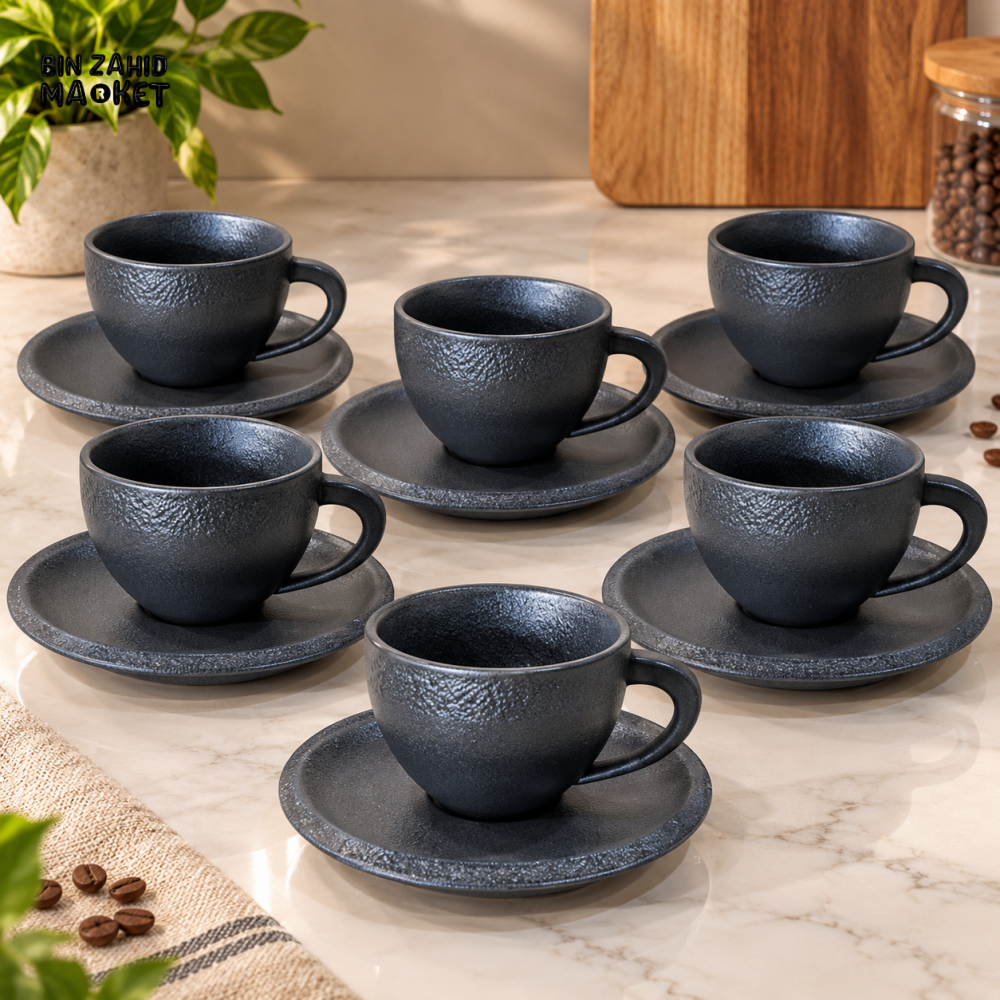 WINSOR ENGLAND 12 PIECE TEXTURED CERAMIC CUP & SAUCER SET - BLACK