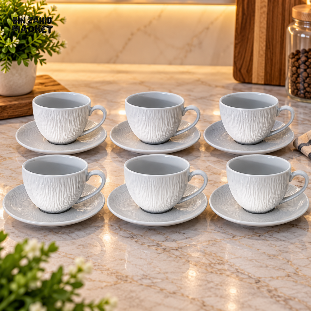 WINSOR ENGLAND 12-PIECE TEXTURED CERAMIC TEA CUP AND SAUCER SET – WHITE