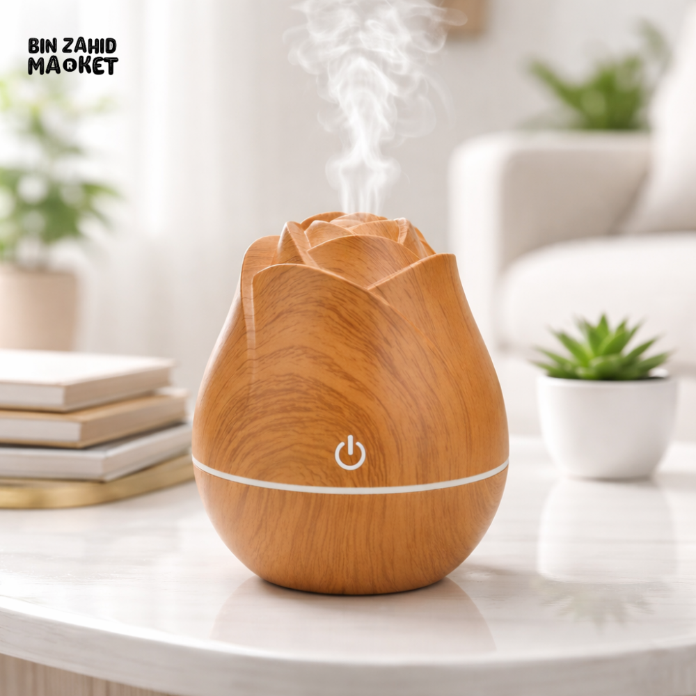 WOOD GRAIN AROMA DIFFUSER HUMIDIFIER – USB QUIET MIST MAKER WITH COLORFUL GRADIENT LIGHT FOR BEDROOM & OFFICE