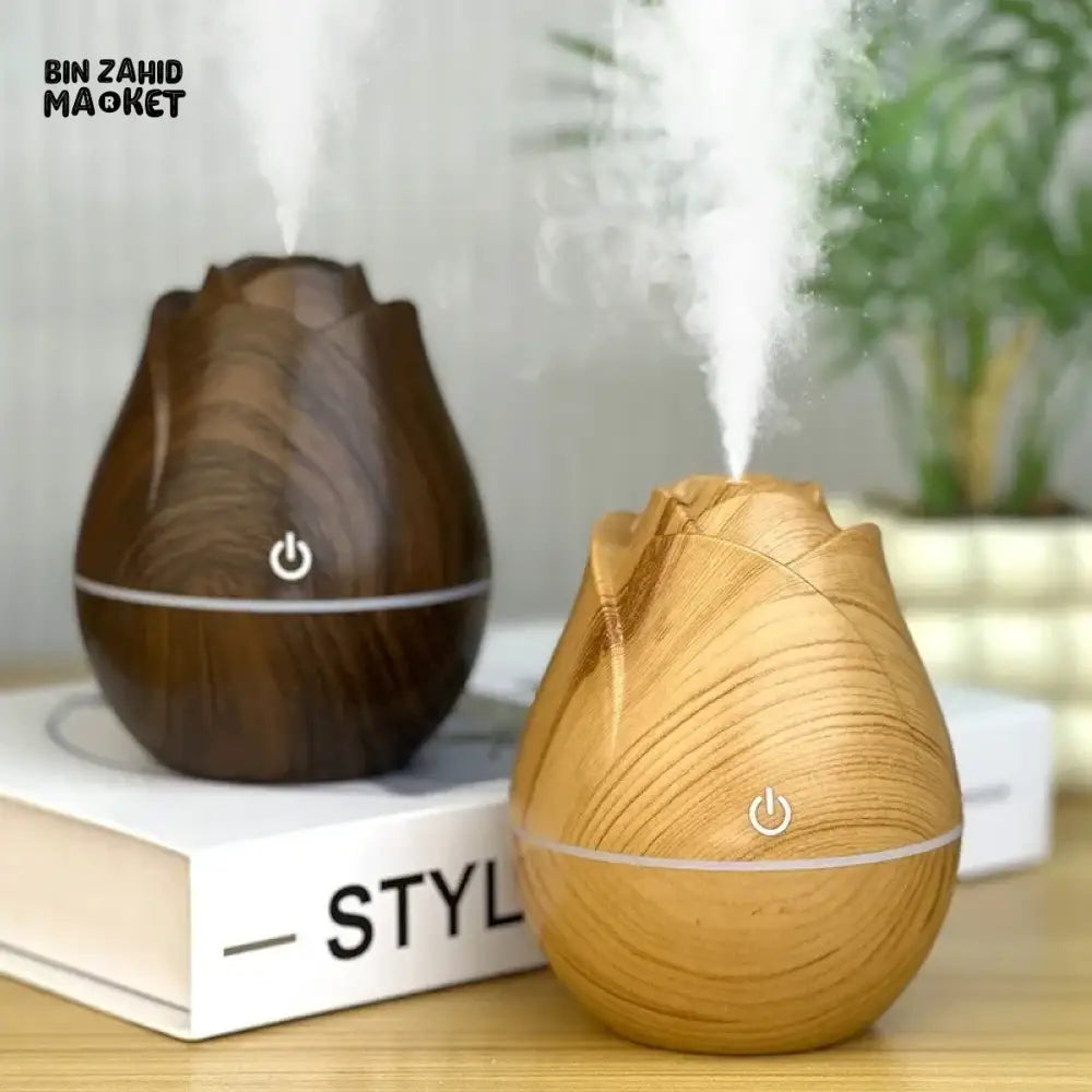 WOOD GRAIN AROMA DIFFUSER HUMIDIFIER – USB QUIET MIST MAKER WITH COLORFUL GRADIENT LIGHT FOR BEDROOM & OFFICE
