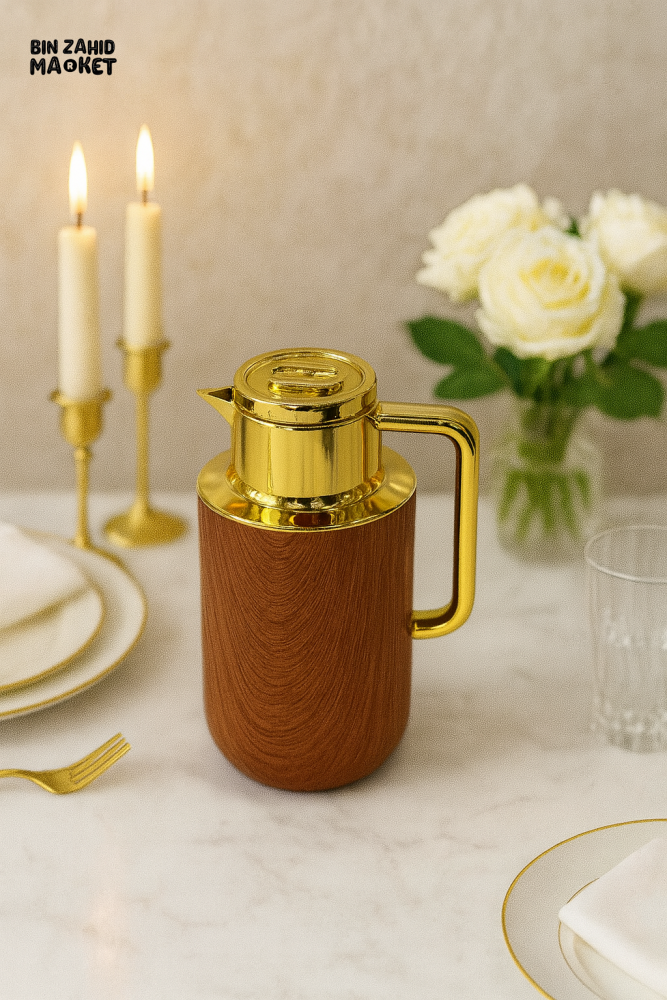 WOOD TEXTURE THERMAL KETTLE 1 LITRE – GOLD ACCENTS VACUUM INSULATION