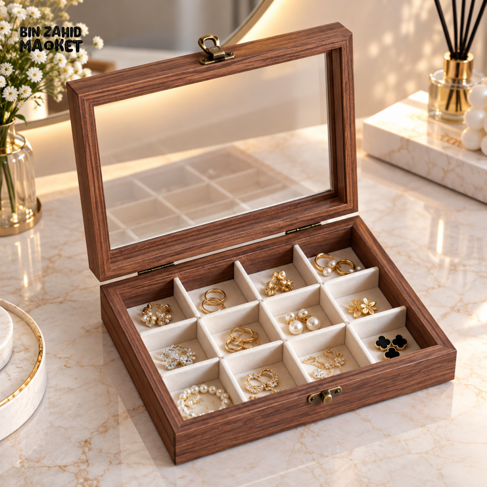 WOODEN 12 COMPARTMENT JEWELRY ORGANIZER BOX WITH GLASS LID