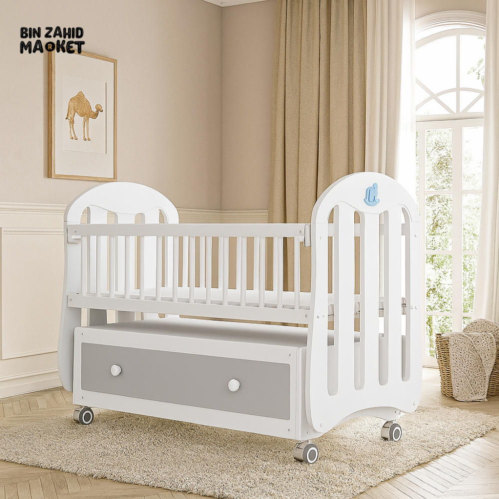 WOODEN BABY COT WITH STORAGE DRAWER – LUXURY WHITE NURSERY CRIB ON WHEELS - WHITE