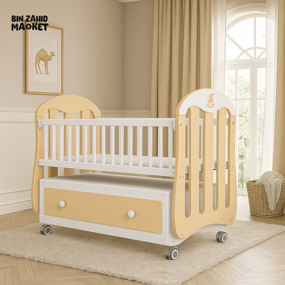 WOODEN BABY COT WITH STORAGE DRAWER – LUXURY WHITE NURSERY CRIB ON WHEELS - BEIGE