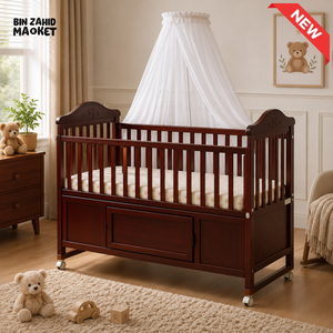 WOODEN BABY CRIB WITH STORAGE PANEL AND MOSQUITO NET - BROWN