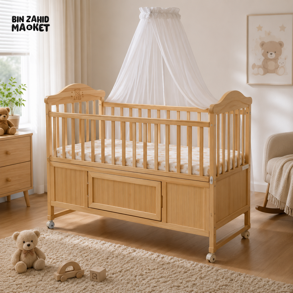WOODEN BABY CRIB WITH STORAGE PANEL AND MOSQUITO NET - NATURAL