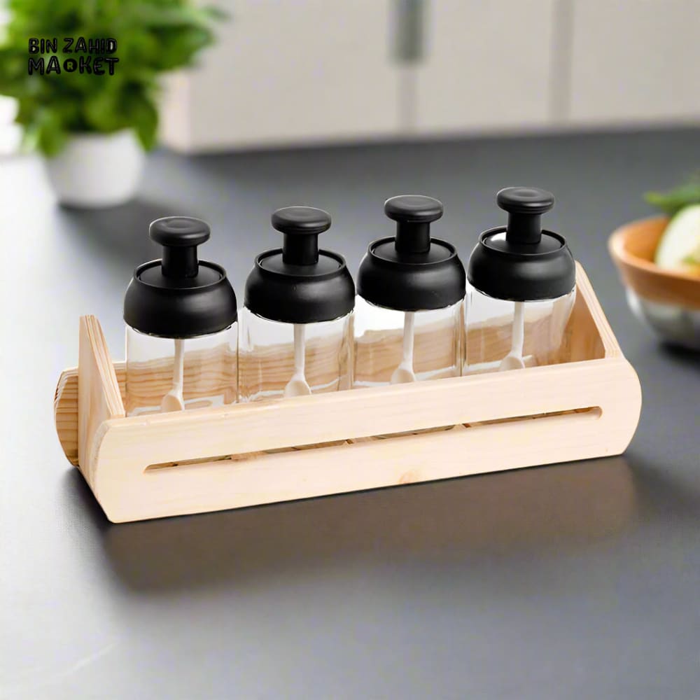 WOODEN BASE SPICE CONTAINER SET – 4-IN-1 GLASS JARS FOR SEASONINGS