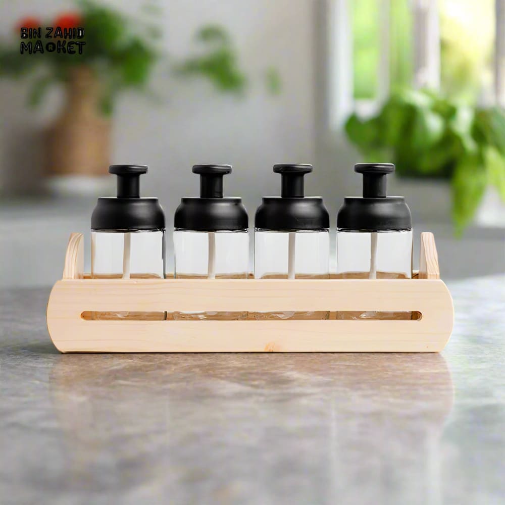 WOODEN BASE SPICE CONTAINER SET – 4-IN-1 GLASS JARS FOR SEASONINGS