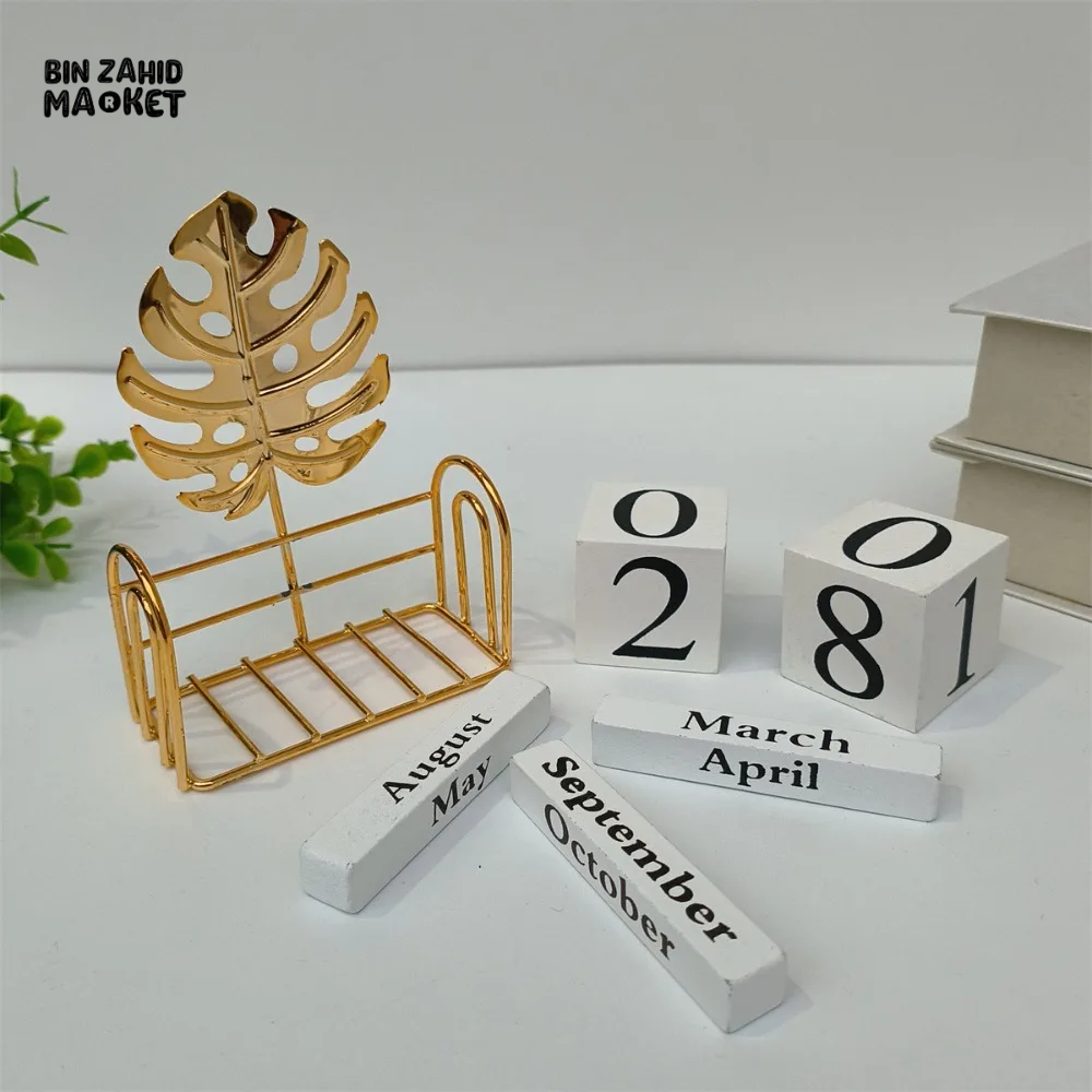 WOODEN BLOCK PERPETUAL DESK CALENDAR DAILY MONTH & DATE DISPLAY FARMHOUSE-STYLE DESKTOP ACCESSORY