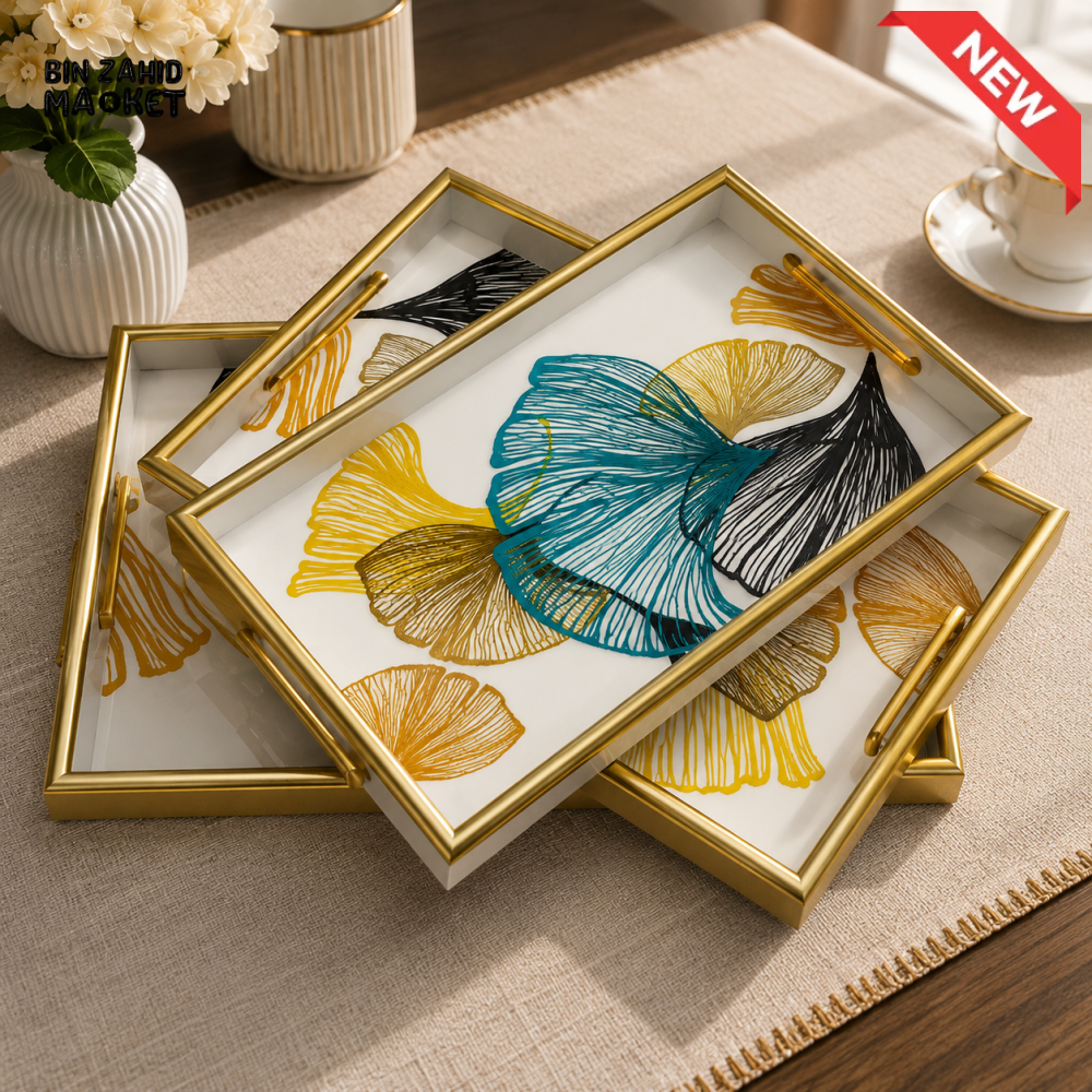 WOODEN BOTANICAL DECORATIVE SERVING TRAY - 3 PCS SET