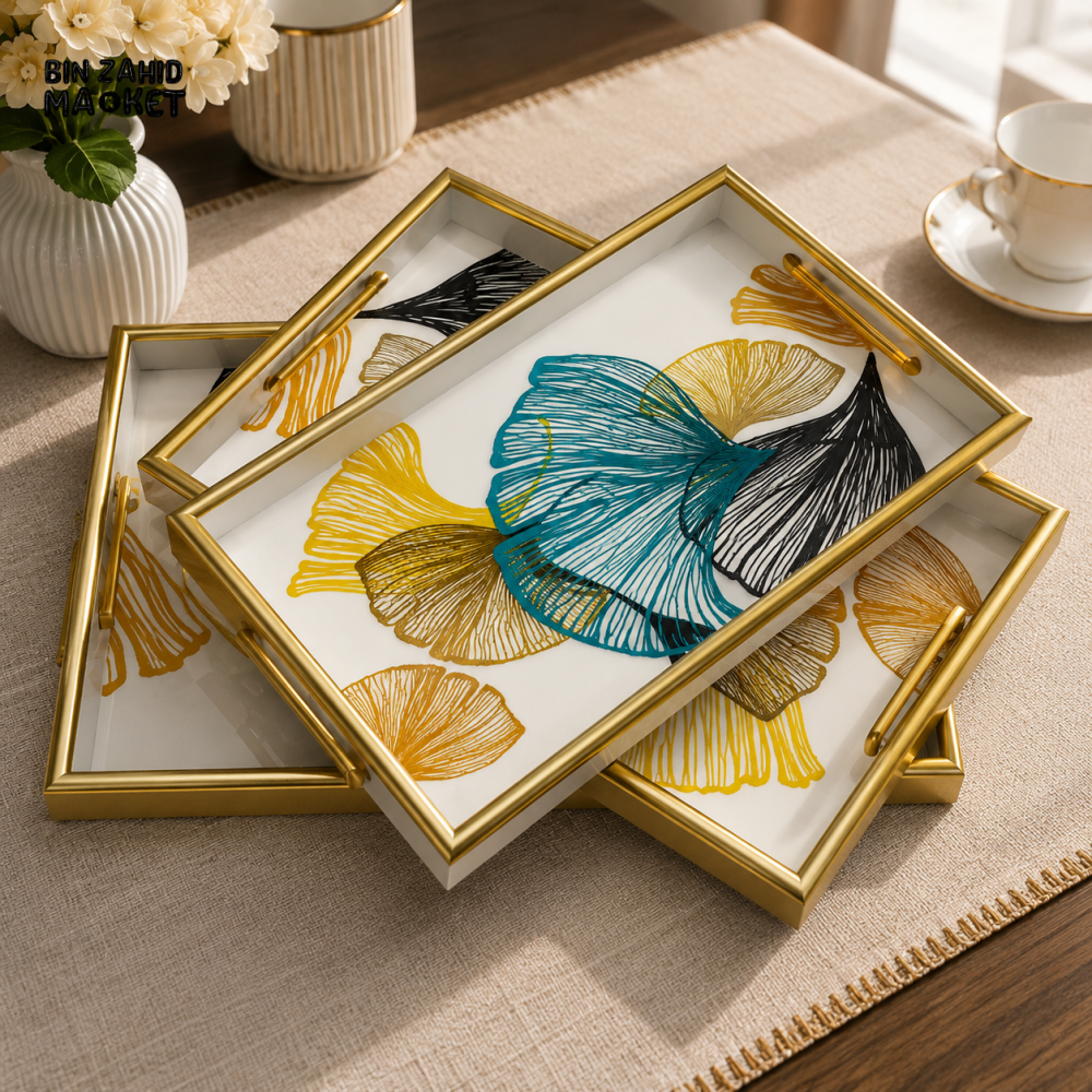 WOODEN BOTANICAL DECORATIVE SERVING TRAY - 3 PCS SET