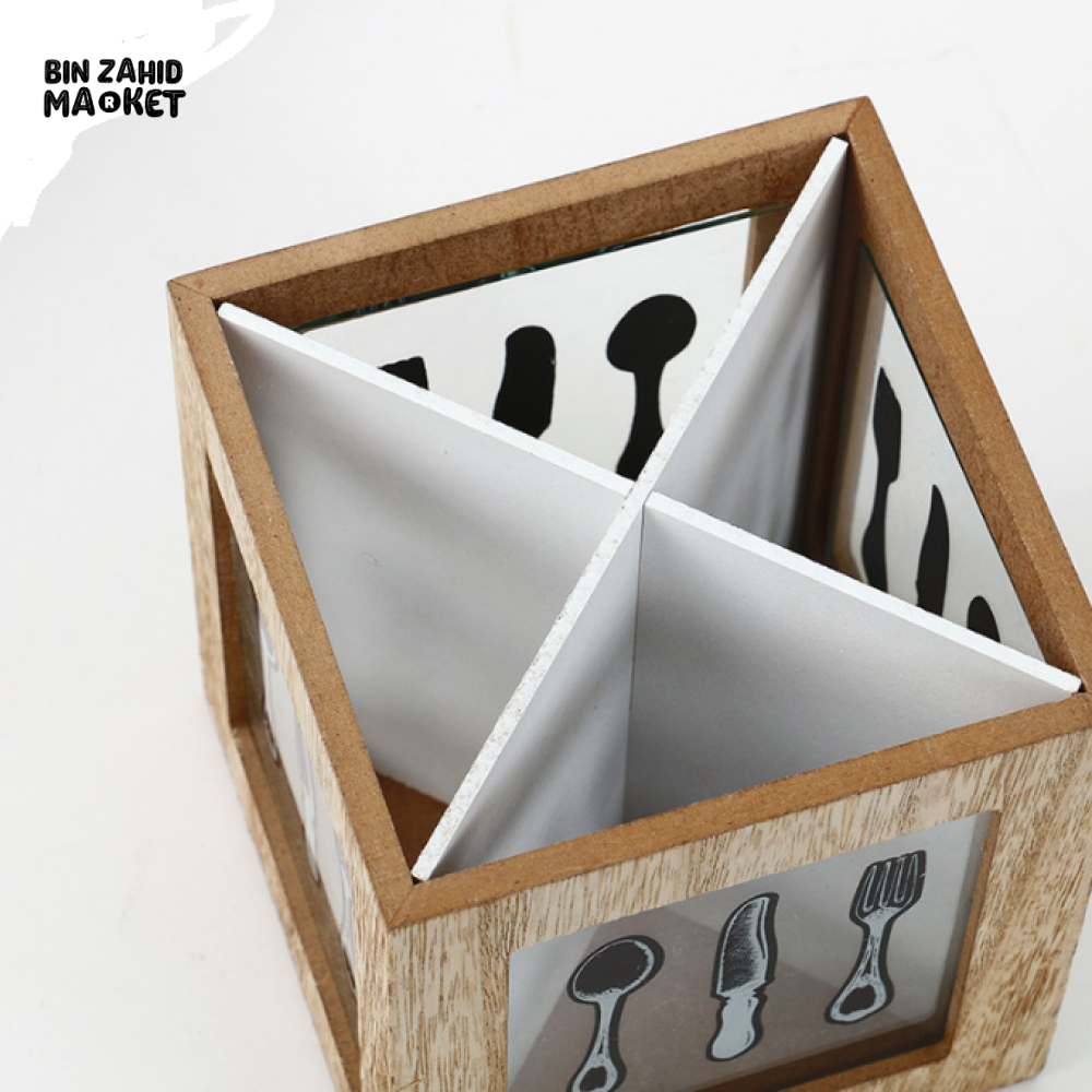 WOODEN CUTLERY HOLDER BOX WITH 4 COMPARTMENTS – MODERN KITCHEN UTENSIL ORGANIZER DECOR