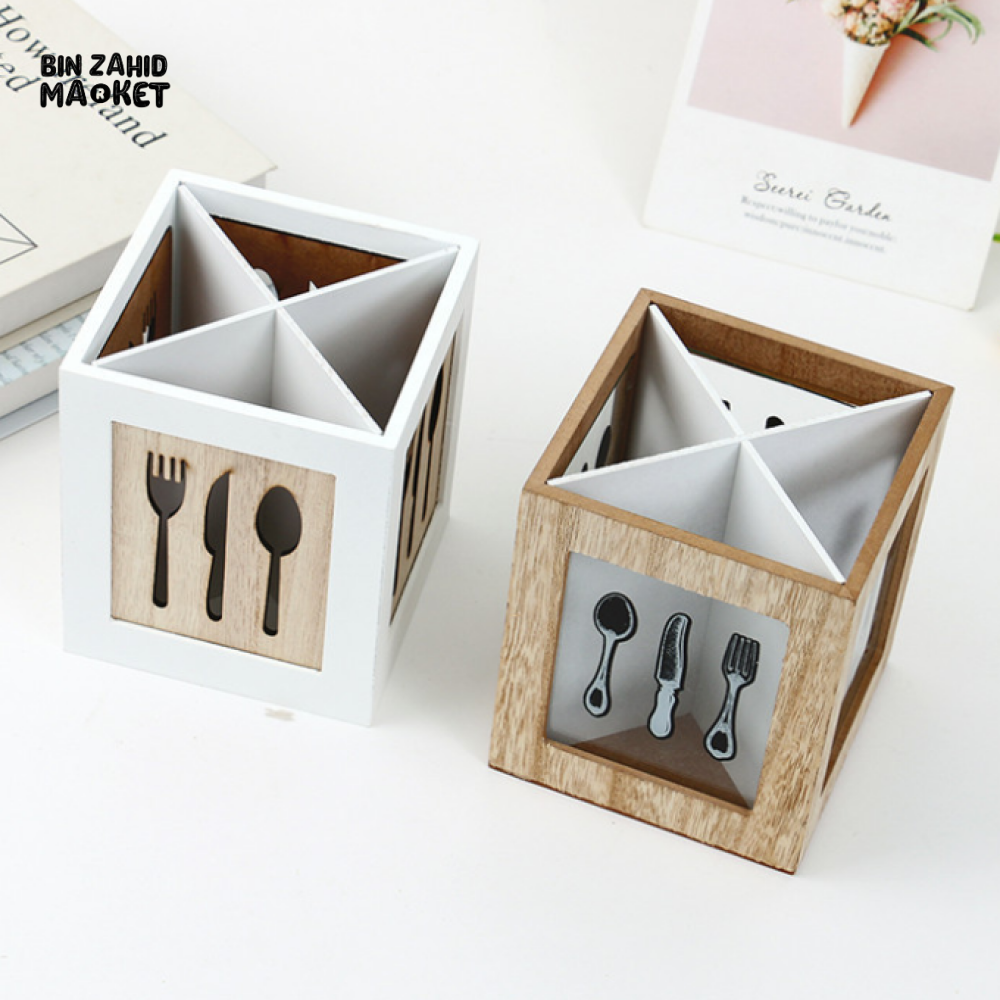 WOODEN CUTLERY HOLDER BOX WITH 4 COMPARTMENTS – MODERN KITCHEN UTENSIL ORGANIZER DECOR