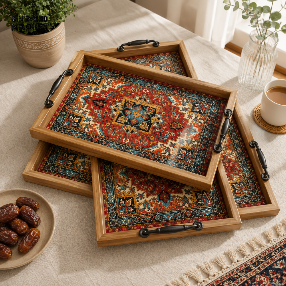 WOODEN DECORATIVE SERVING TRAY - 3 PCS SET