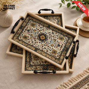 WOODEN FLORAL DECORATIVE SERVING TRAY - 3 PCS SET