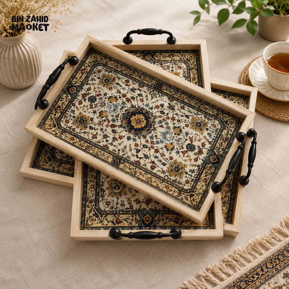 WOODEN FLORAL DECORATIVE SERVING TRAY - 3 PCS SET