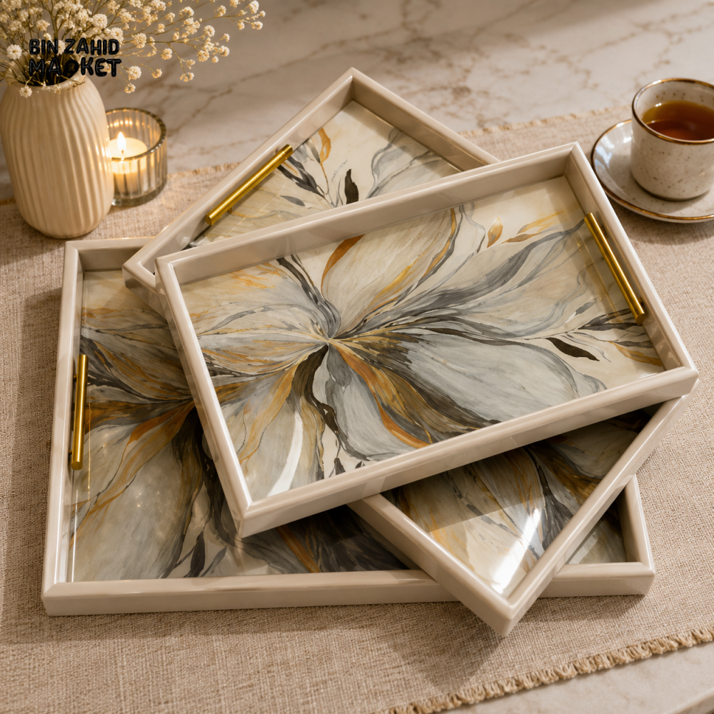 WOODEN FLORAL DECORATIVE SERVING TRAY - 3 PCS SET