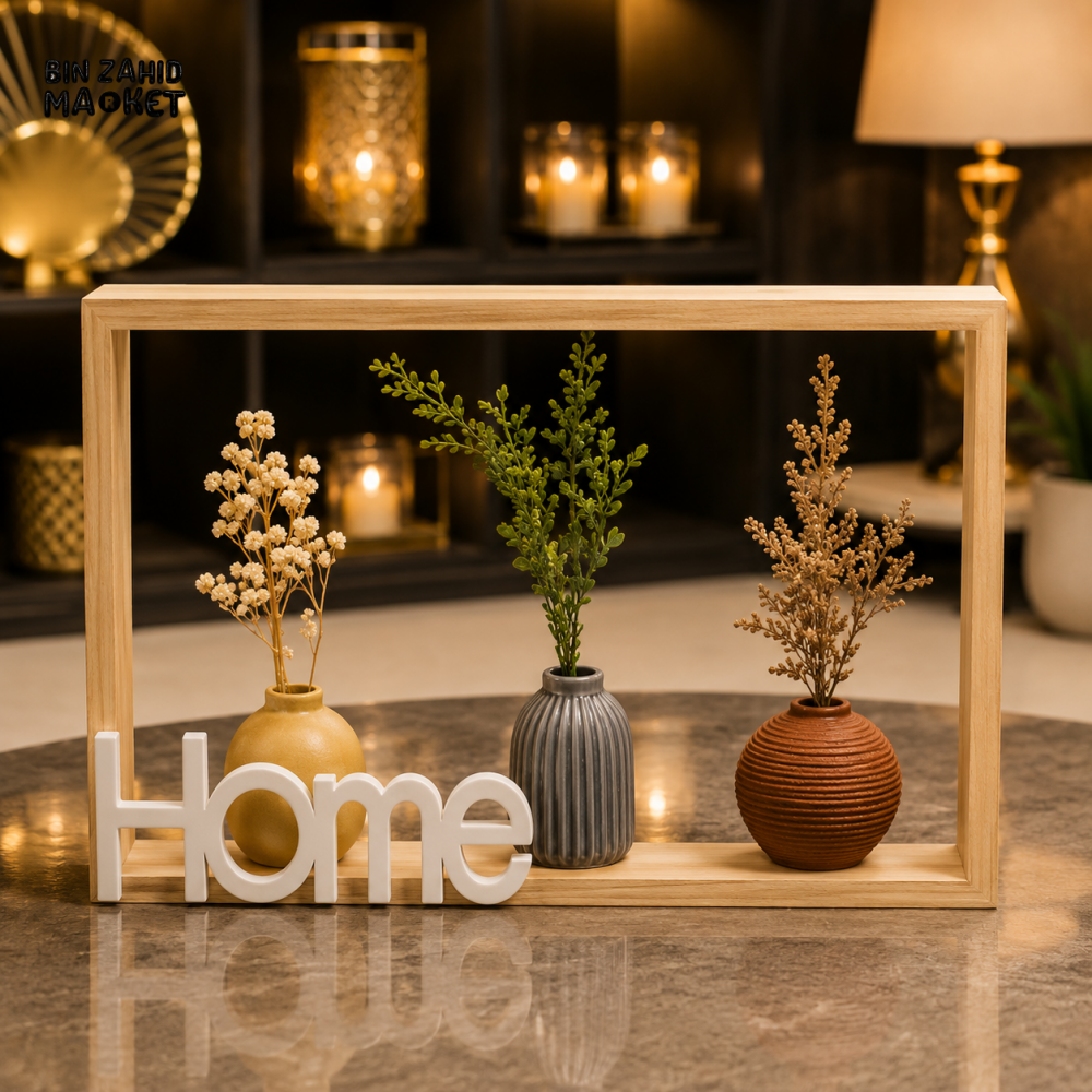 WOODEN HOME DECOR FRAME WITH THREE MINI VASES