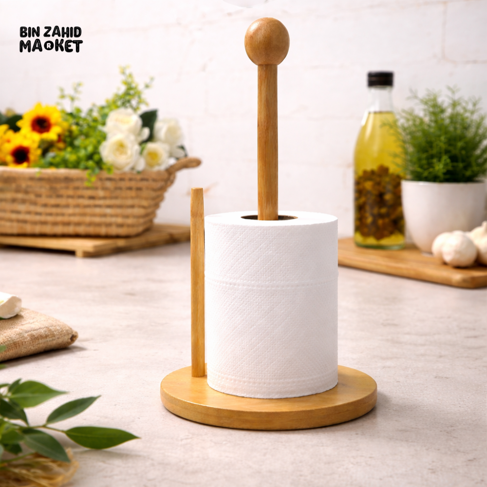 WOODEN KITCHEN TISSUE ROLL HOLDER WITH STAND – COUNTERTOP PAPER HOLDER