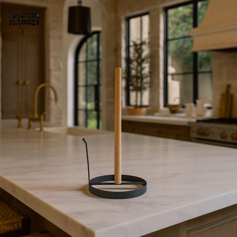WOODEN & METAL PAPER TOWEL HOLDER WITH TISSUE ROLL – LUXURY KITCHEN COUNTERTOP STAND