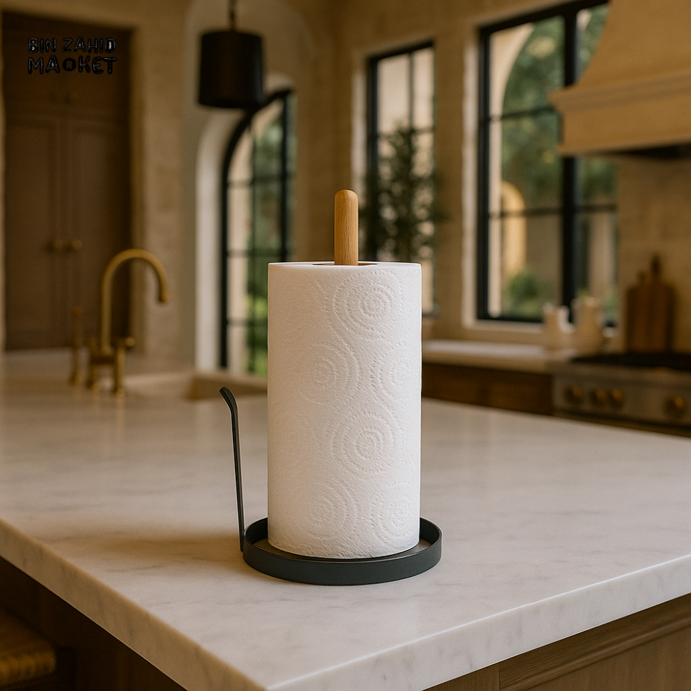 WOODEN & METAL PAPER TOWEL HOLDER WITH TISSUE ROLL – LUXURY KITCHEN COUNTERTOP STAND