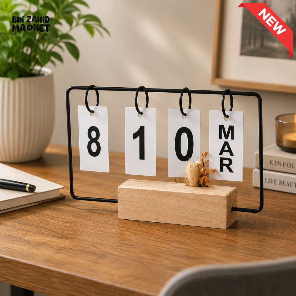 WOODEN PERPETUAL DESKTOP CALENDAR WITH FLOWER VASE