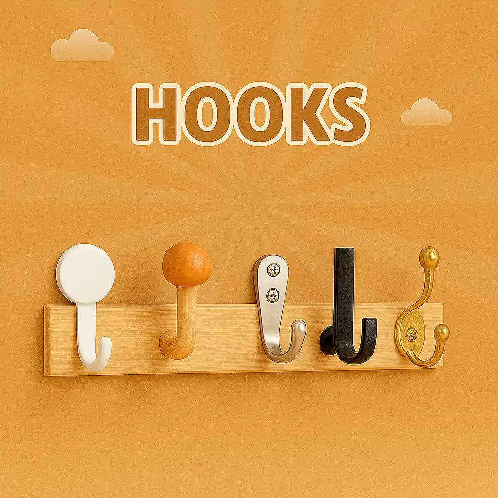 A wooden rack with five distinct hooks of various materials and designs.