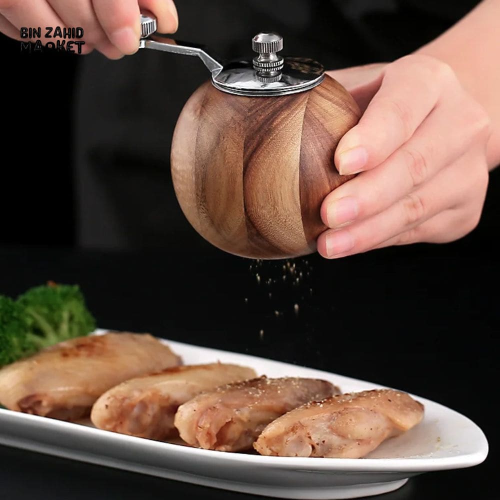 WOODEN SPHERICAL PEPPER MILL – CERAMIC GRINDING CORE LARGE CAPACITY MANUAL PEPPER GRINDER AND-CRANKED SALT & PEPPER BOTTLE