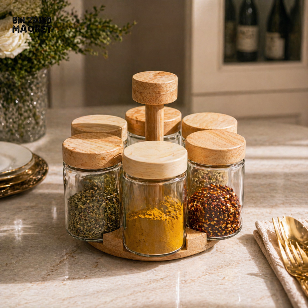 WOODEN SPICE JAR SET WITH ROTATING STAND 6 PIECE