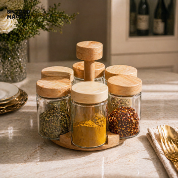 WOODEN SPICE JAR SET WITH ROTATING STAND 6 PIECE