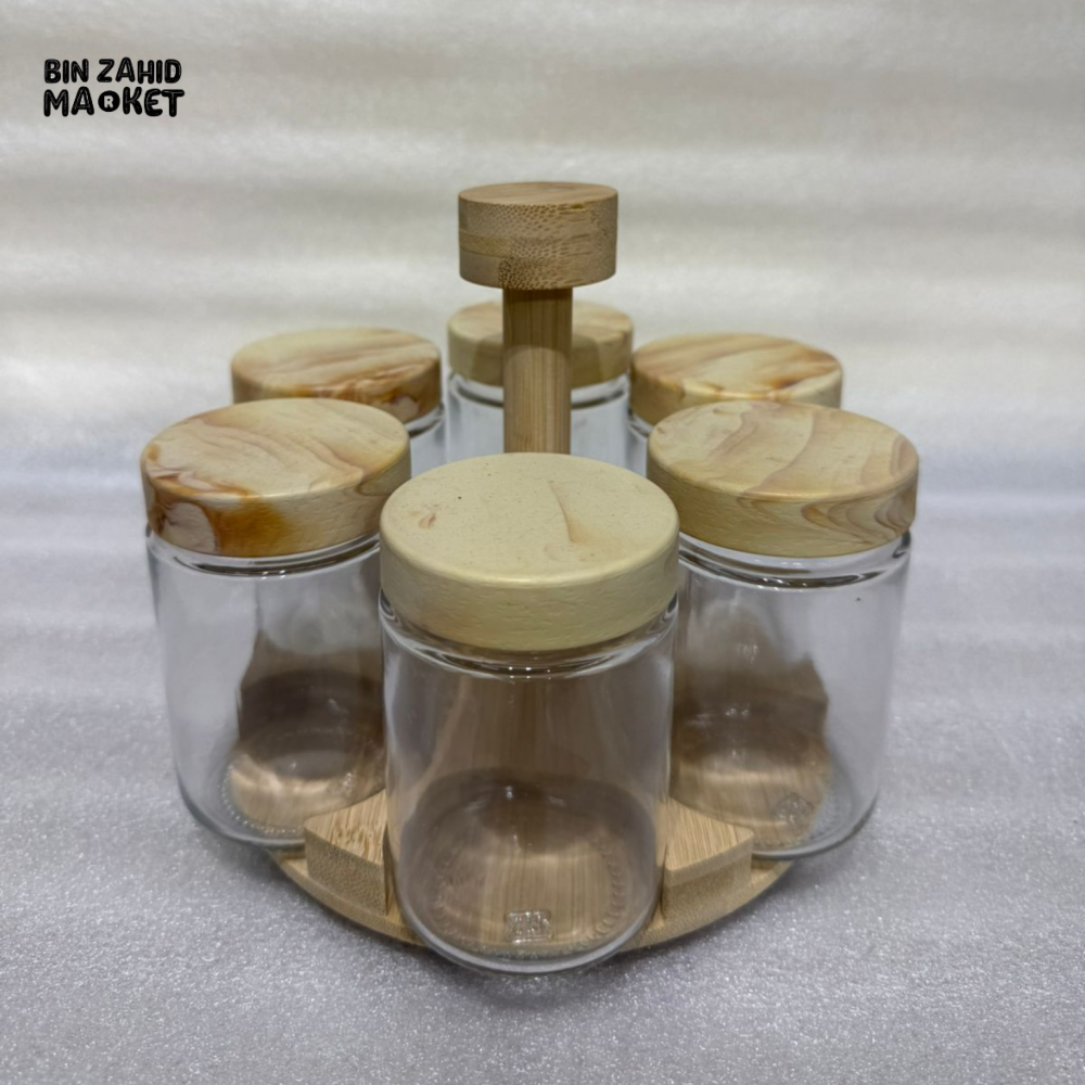 WOODEN SPICE JAR SET WITH ROTATING STAND 6 PIECE