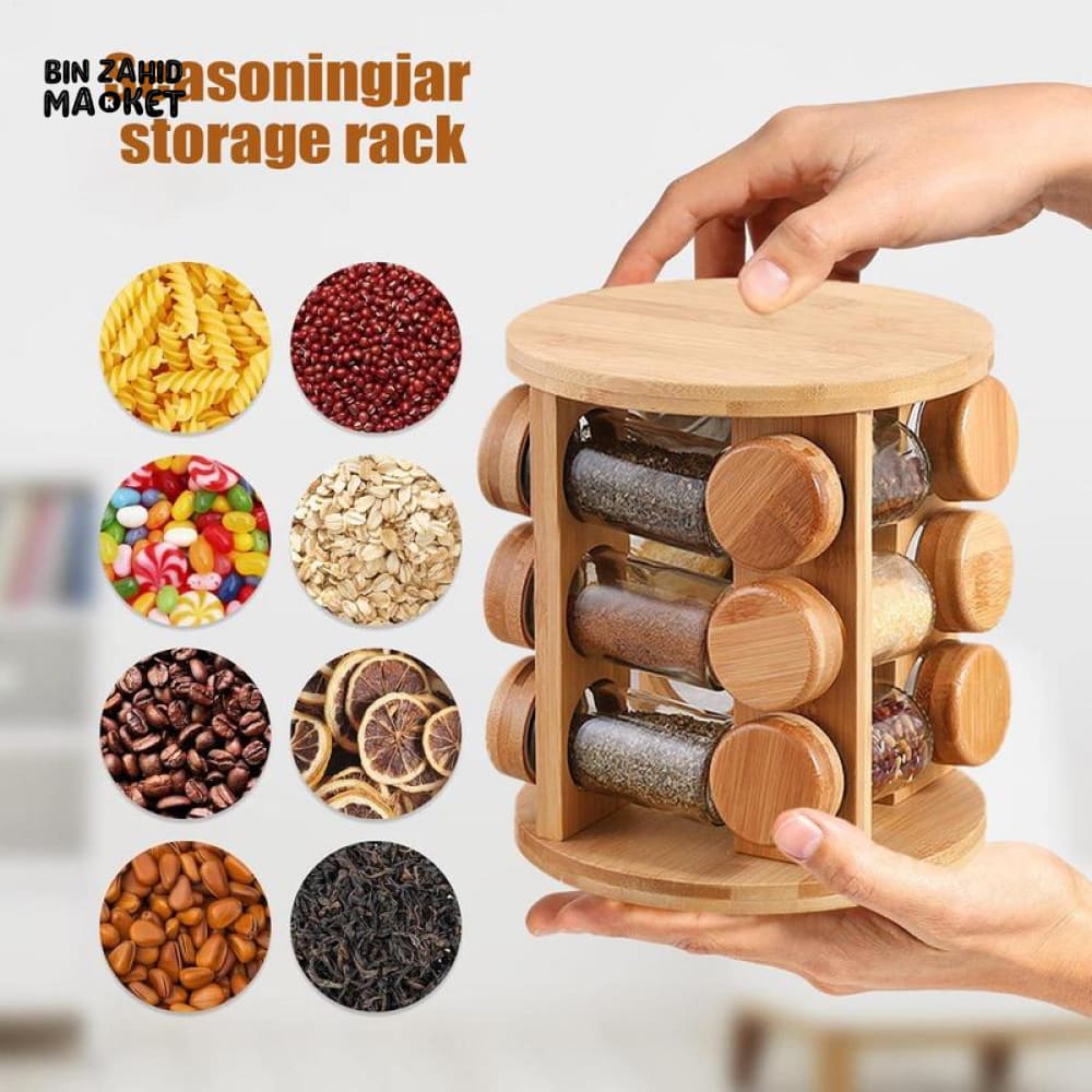 WOODEN SPICE ORGANIZER – ROTATING SPICE JAR HOLDER & STORAGE SHELF FOR KITCHEN SALTPEPPER AND SEASONING CONTAINERS