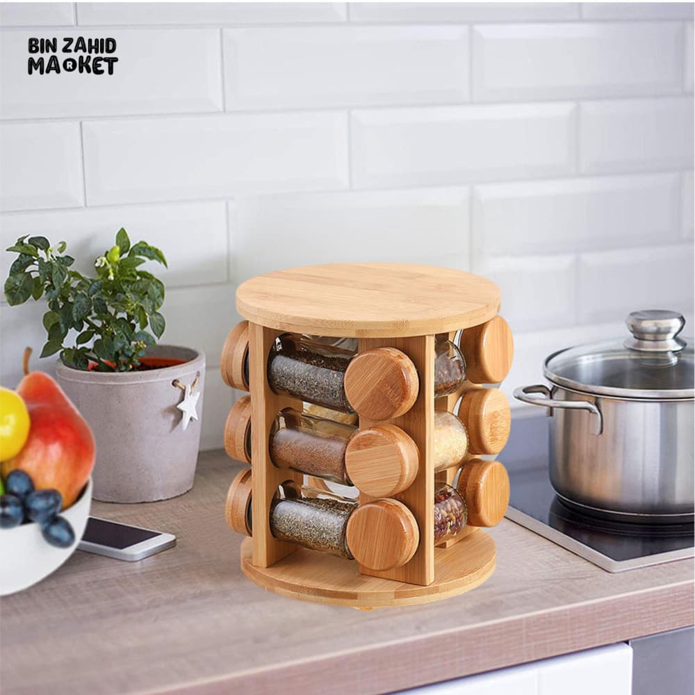 WOODEN SPICE ORGANIZER – ROTATING SPICE JAR HOLDER & STORAGE SHELF FOR KITCHEN SALTPEPPER AND SEASONING CONTAINERS