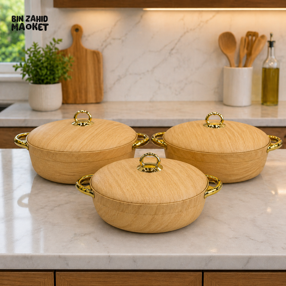 WOODEN TEXTURE CERAMIC CASSEROLE SET WITH GOLD HANDLES – 3 PIECE LUXURY KITCHEN SERVING POTS