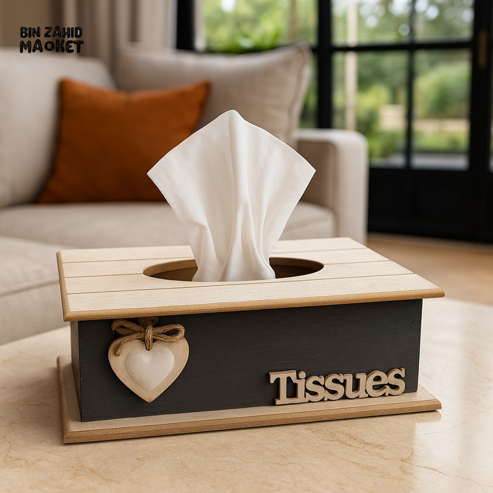 WOODEN TISSUE BOX WITH HEART CHARM – RUSTIC DECOR FOR LUXURY VILLA INTERIORS