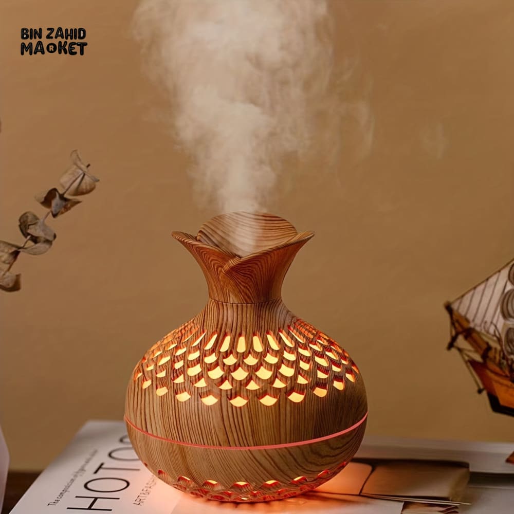 WOODEN VASE AROMATHERAPY DIFFUSER – USB COOL MIST HUMIDIFIER WITH COLORFUL LED LIGHT