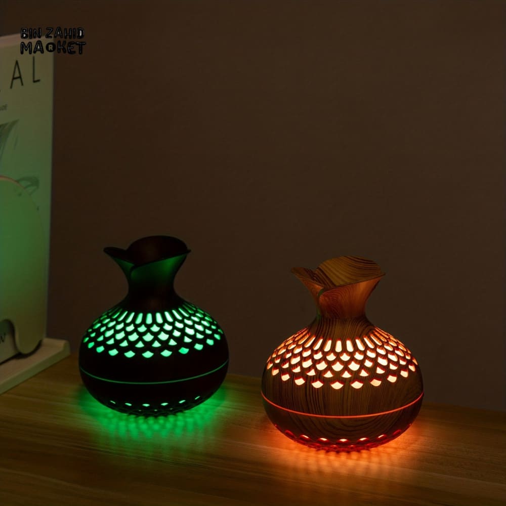 WOODEN VASE AROMATHERAPY DIFFUSER – USB COOL MIST HUMIDIFIER WITH COLORFUL LED LIGHT
