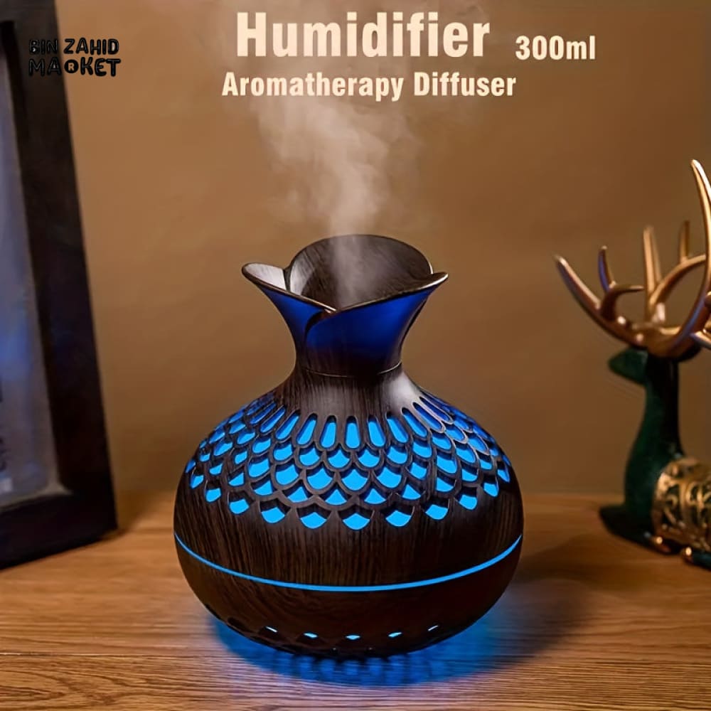 WOODEN VASE AROMATHERAPY DIFFUSER – USB COOL MIST HUMIDIFIER WITH COLORFUL LED LIGHT