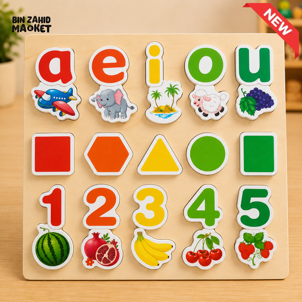 WOODEN VOWELS NUMBERS SHAPES AND PICTURE MATCHING PUZZLE BOARD