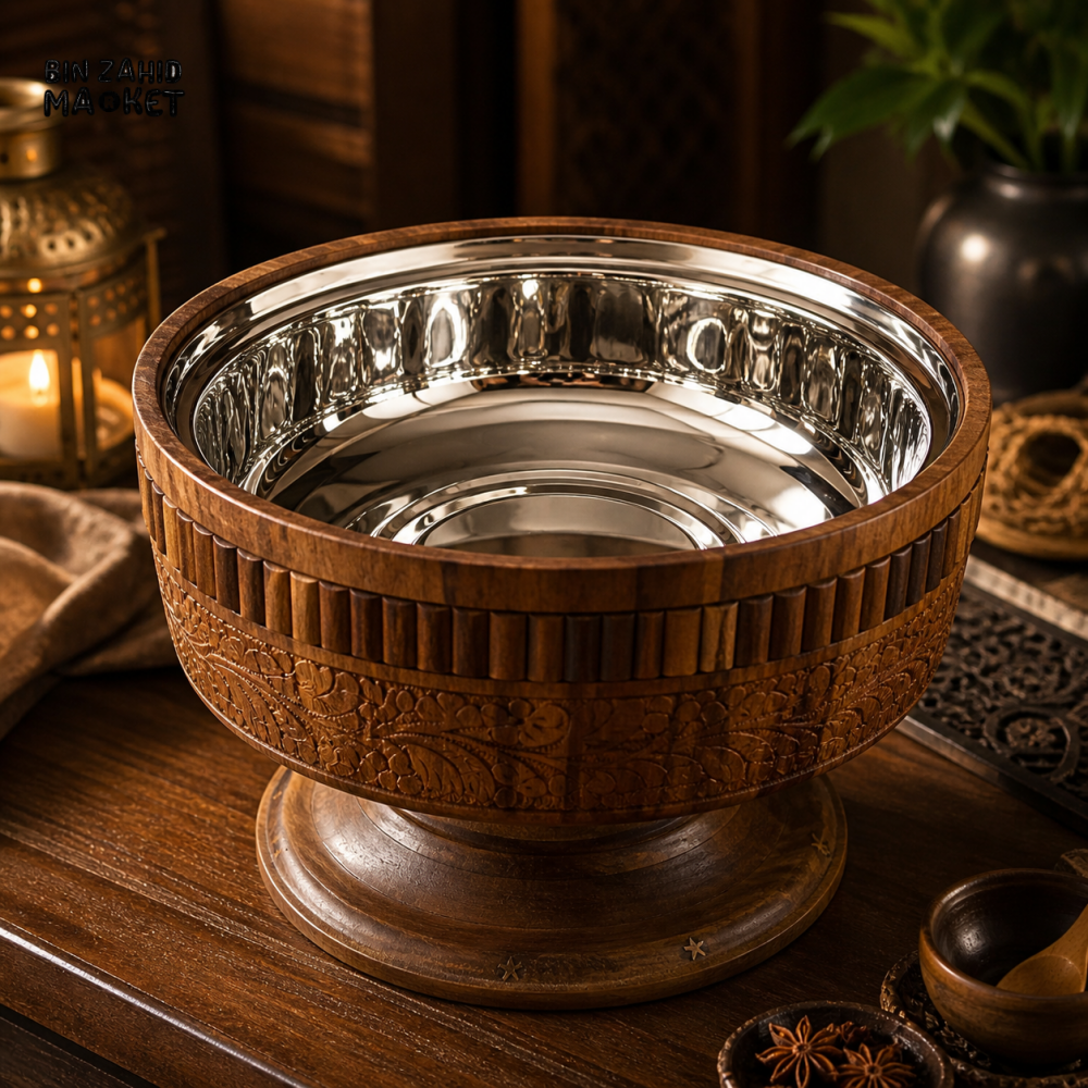 WOODLY SHEESHAM WOOD HOT POT SERVING BOWL WITH STAINLESS STEEL INNER